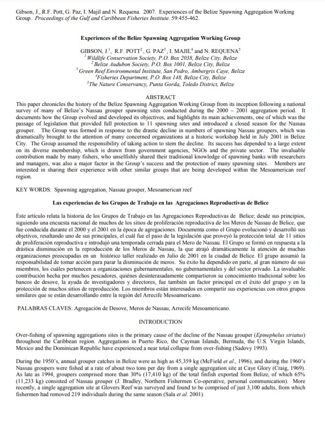Experiences Of The Belize Spawning Aggregation Working Group Proceedings Of The Gulf And Caribbean Fisheries Institute 59 455 462 Gibson J R F Pott G Paz I Majil And N Requena 07 Clme Hub